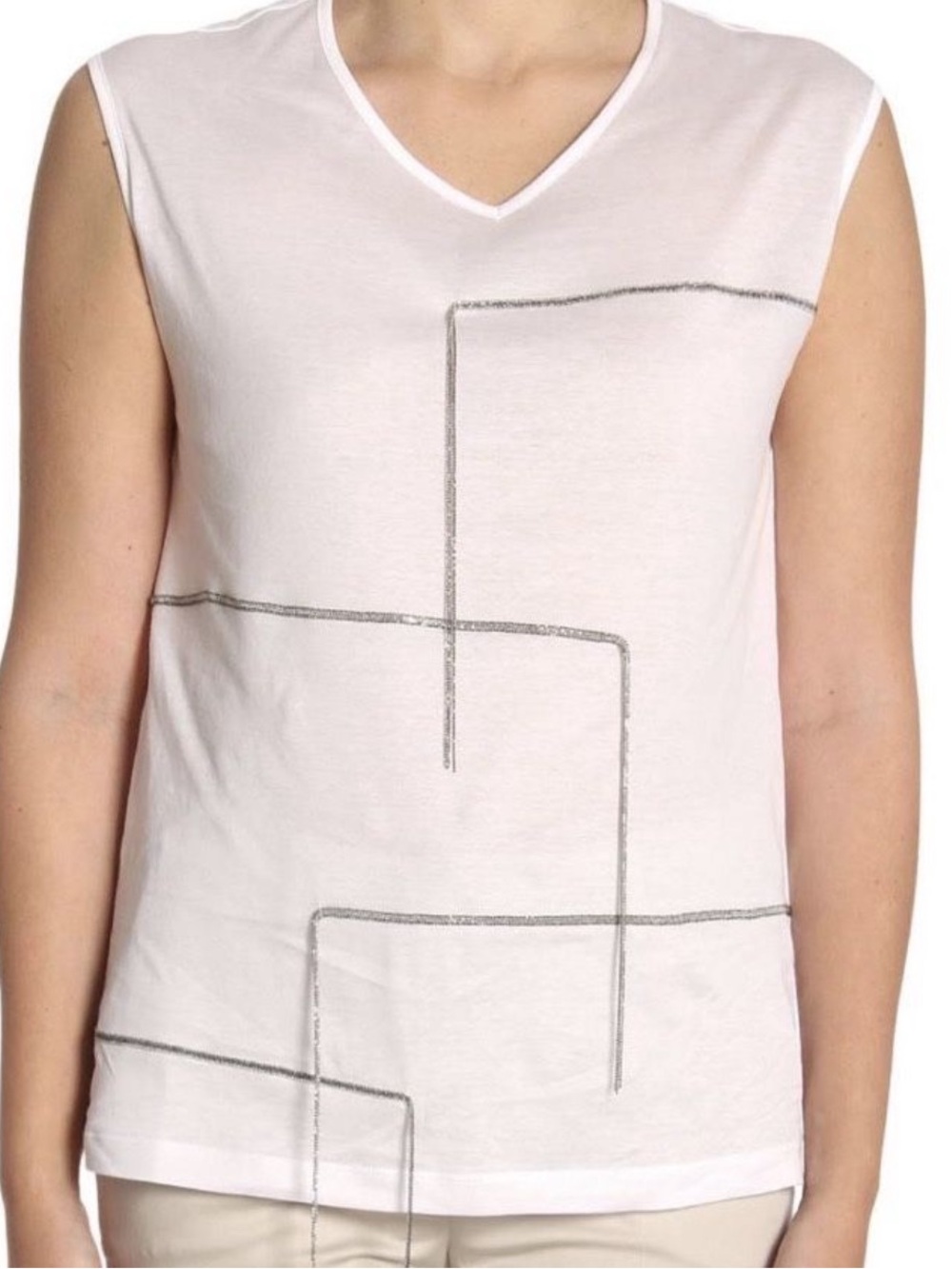 Brunello Cucinelli White V-Neck Graphic Sleeveless Tank